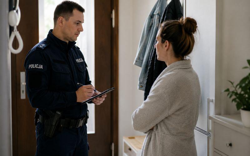 Policjant wypełnia formularz podczas interwencji domowej – wszczęcie procedury Niebieskiej Karty